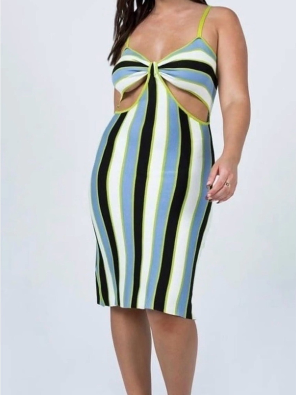 Princess Polly Parker Striped Cutout Midi Dress in Blue, Black & Lime Size 4